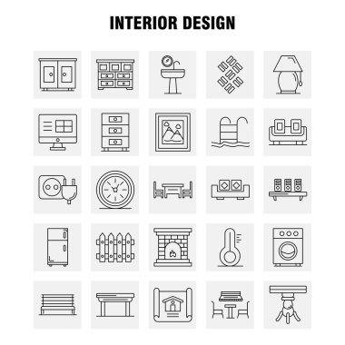 İç tasarım hat simgelerini belirlemek için Infographics, mobil Ux/UI Kit ve baskı tasarımı. Şunları içerir: Tıp, dosya, belge, tablo, bide, mobilya, su, ayna, Eps 10 - vektör