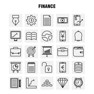 Finans satır Icons Set Infographics, mobil Ux/UI için Kit ve baskı tasarımı. Şunları içerir: Dolar, para, Not, rupi, bölmek, matematik, artı, eksi, koleksiyon Modern Infographic Logo ve piktogram. -Vektör