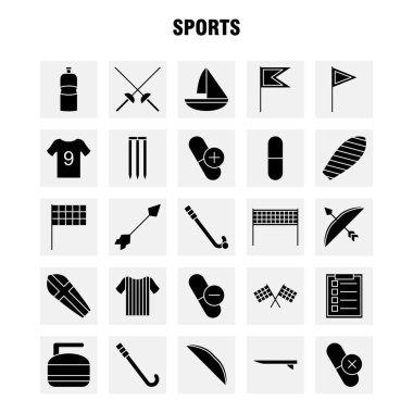 Web, baskı ve mobil Ux/UI için katı glif simge spor takımı. Gibi: şişe, enerji, yeşil, içki, eskrim, spor, kılıç, enerji, piktogram paketi. -Vektör