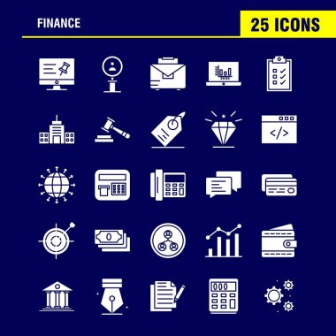 Finans sağlam glif Icons Set Infographics, mobil Ux/UI için Kit ve baskı tasarımı. Şunları içerir: Bilgisayar, Pin, metin, finans, arama, araştırma, finans, adam, Icon Set - vektör