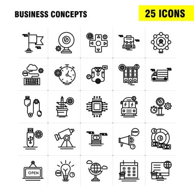 İş kavramları satır Icons Set Infographics, mobil Ux/UI için Kit ve baskı tasarımı. Şunları içerir: Pano, ayar, dişli, kalem, monitör, Internet, ayar, Doları, koleksiyonu Modern Infographic Logo ve piktogram. -Vektör