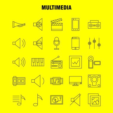 Multimedya satırı simgesi Web, baskı ve mobil Ux/UI için Kit. Gibi: cep, telefonu, akıllı telefon, çağrı, kamera, dosya, fotoğraf, slayt, piktogram paketi. -Vektör