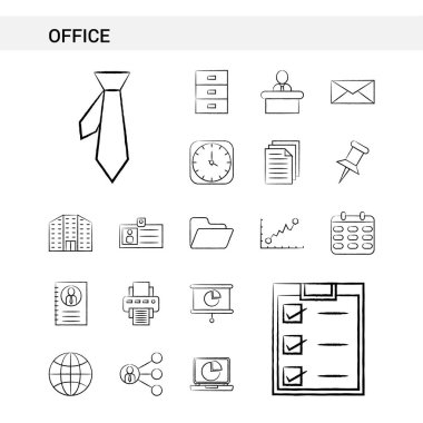 Office el çekilmiş Icon set stil, beyaz arka plan üzerinde izole. 