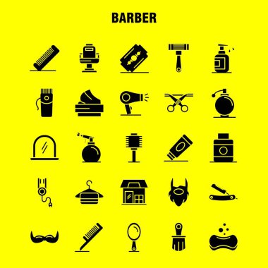 Katı glif Icons Set Infographics, mobil Ux/UI için berber Kit ve baskı tasarımı. Şunları içerir: Kuaför, yüz, ayna, Kuaför, güzellik, sandalye, saç, Kuaför, Icon Set - vektör