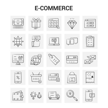 25 el çizilmiş E-ticaret Icon set. Gri arka plan vektör Doodle