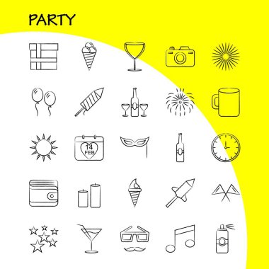 Parti el çekilmiş Icon Web, baskı ve mobil Ux/UI için Kit. Gibi: Takvim, doğum günü, Tarih, yıl, suyu, içki, cam, parti, piktogram paketi. -Vektör