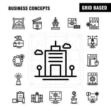 İş kavramları satır Icons Set Infographics, mobil Ux/UI için Kit ve baskı tasarımı. Şunları içerir: Ölçek, vektör, Pusula, eğitim, monitör, bilgisayar, Avatar, paylaşım, koleksiyon Modern Infographic Logo ve piktogram. -Vektör