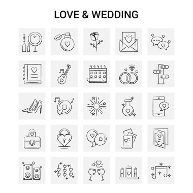 25 el çizilmiş sevgi ve düğün Icon set. Gri arka plan vektör Doodle