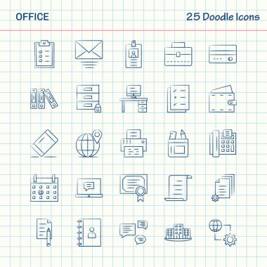 Office 25 Doodle simgeler. Elle çizilmiş iş Icon set