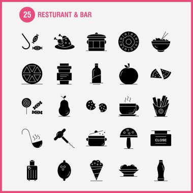 Web, baskı ve mobil Ux/UI için restoran ve Bar katı glif simge seti. Gibi: gıda, parça, Pizza, yemek, yemek, yemek, patates, yemek, piktogram paketi. -Vektör