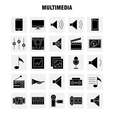 Web, baskı ve mobil Ux/UI için Multimedya katı glif simge seti. Gibi: cep, telefonu, akıllı telefon, çağrı, kamera, dosya, fotoğraf, slayt, piktogram paketi. -Vektör