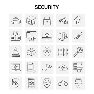 25 el çekilmiş güvenlik Icon set. Gri arka plan vektör Doodle