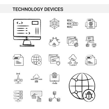 Teknoloji aygıt el stil, beyaz arka plan üzerinde izole çekilmiş Icon set. -Vektör