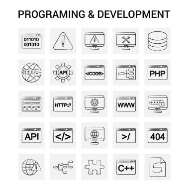 25 çizilmiş El programlama ve geliştirme Icon set. Gri arka plan vektör Doodle