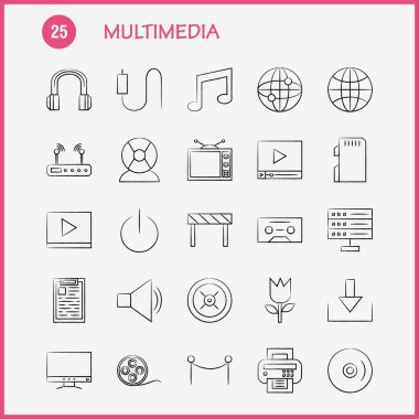 Multimedya el çekilmiş Icon Web, baskı ve mobil Ux/UI için Kit. Gibi: Off, Tarih, güç, başlangıç, geçiş, çiçek, çiçek, botanik, piktogram paketi. -Vektör