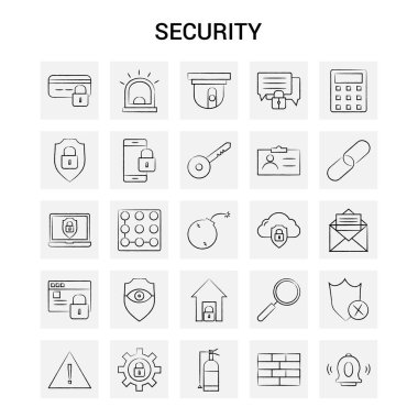 25 el çekilmiş güvenlik Icon set. Gri arka plan vektör Doodle