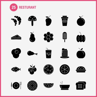 Restoran katı glif Icons Set için Infographics, mobil Ux/UI Kit ve baskı tasarımı. Şunları içerir: Üzüm, gıda, yemek, meyve, çay pasta, yemek, yemek, Eps 10 - vektör