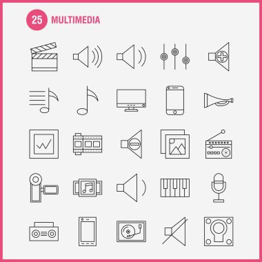Multimedya satırı simgesi Web, baskı ve mobil Ux/UI için Kit. Gibi: cep, cep, telefonu, donanım, kamera, Video, resim, Film, piktogram paketi. -Vektör