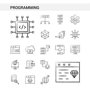 Programlama el çekilmiş Icon set stil, beyaz arka plan üzerinde izole. -Vektör