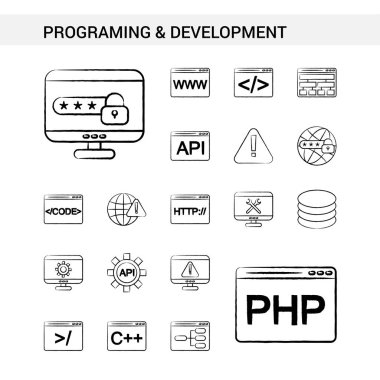 Programlama ve geliştirme el çekilmiş Icon stil, beyaz arka plan üzerinde izole set. -Vektör