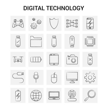 25 el çekilmiş dijital teknoloji Icon set. Gri arka plan vektör Doodle