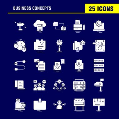 İş kavramları katı glif Icons Set için Infographics, mobil Ux/UI Kit ve baskı tasarımı. Şunları içerir: Video kamera, medya, Video, kilitli, kitle iletişim araçları oyuncu, paylaşım, dişli, koleksiyon Modern Infographic Logo ve piktogram. -Vektör
