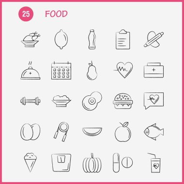 Gıda el çekilmiş Icon Web, baskı ve mobil Ux/UI için Kit. Gibi: içki, cam, kalp, Beat, tıp, tıp, hap, uyuşturucu, piktogram paketi. -Vektör