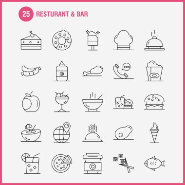 Restoran ve Bar satır simgesi Web, baskı ve mobil Ux/UI için Kit. Gibi: telefon, telefon, sohbet, otel, dünya, harita, yeri, otel, piktogram paketi. -Vektör