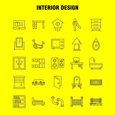 İç tasarım hat simgelerini belirlemek için Infographics, mobil Ux/UI Kit ve baskı tasarımı. Şunları içerir: Halı, mobilya, ev, pencere, ev, ev, kapı, giriş, Eps 10 - vektör