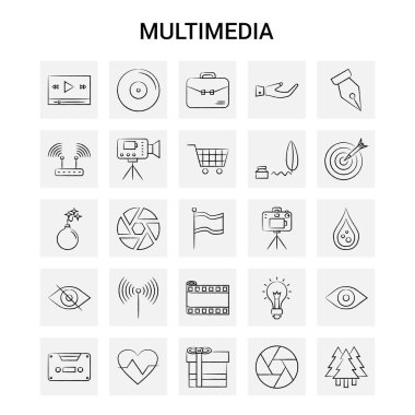 25 el çizilmiş Multimedya Icon set. Gri arka plan vektör Doodle