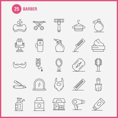 Satır Icons Set Infographics, mobil Ux/UI için berber Kit ve baskı tasarımı. Şunları içerir: Kuaför, yüz, ayna, Kuaför, güzellik, sandalye, saç, Kuaför, Icon Set - vektör