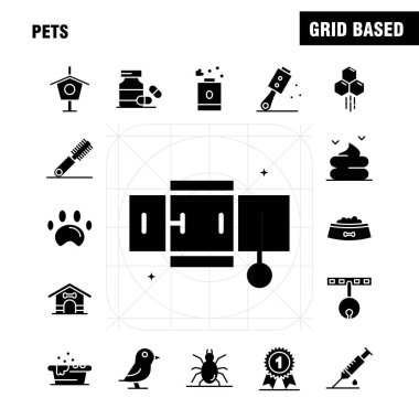Evcil hayvanlar sağlam glif Icons Set Infographics, mobil Ux/UI için Kit ve baskı tasarımı. Şunları içerir: Evde beslenen hayvan, tıp, tıp, şişe, küvet, duş, Evcil Hayvan, hayvan, Icon Set - vektör