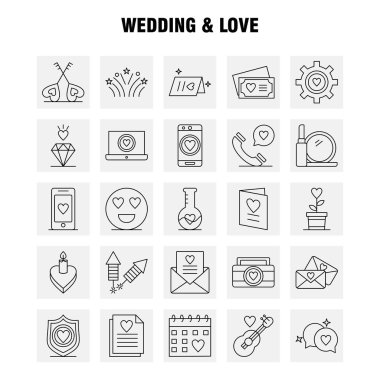 Düğün ve aşk çizgisi Icons Set Infographics, mobil Ux/UI için Kit ve baskı tasarımı. Şunları içerir: Laptop, aşk, kalp, düğün, kart, aşk, kalp, düğün, Icon Set - vektör