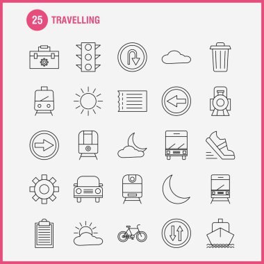 Web, baskı ve mobil Ux/UI için satırı simgesi seyahat seti. Gibi: araç kutusu, kutu, yapılandırma, ayar, ayarları, dişli, korumak, ayar, piktogram paketi. -Vektör