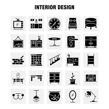 İç tasarım sağlam glif Icons Set için Infographics, mobil Ux/UI Kit ve baskı tasarımı. Şunlardır: Yatak, dolap, mobilya, ev, gardırop, televizyon, Tv, ev, Icon Set - vektör