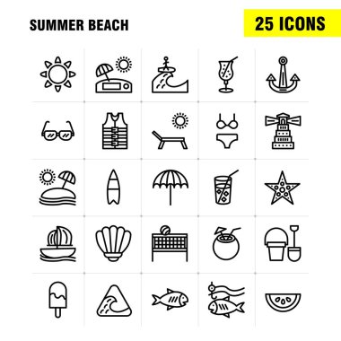 Beach satır Icon Pack için tasarımcılar ve geliştiriciler. Balık, deniz, yıldızı, deniz yıldızı, Hindistan cevizi, simgeler, tropikal meyve, plaj, vektör