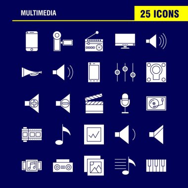 Web, baskı ve mobil Ux/UI için Multimedya katı glif simge seti. Gibi: cep, telefonu, akıllı telefon, çağrı, kamera, dosya, fotoğraf, slayt, piktogram paketi. -Vektör
