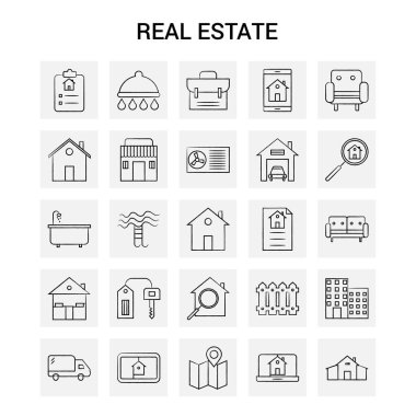 25 el çizilmiş Emlak Icon set. Gri arka plan vektör Doodle