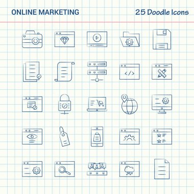 Online Pazarlama 25 Doodle simgeler. Elle çizilmiş iş Icon set