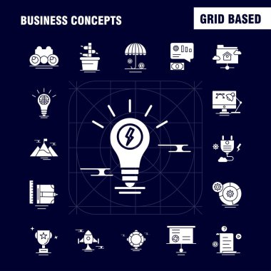 İş kavramları katı glif Icons Set için Infographics, mobil Ux/UI Kit ve baskı tasarımı. Şunları içerir: Belge, dosya, metin, metin dosyası, fikir, ampul, hedef, koleksiyon Modern Infographic Logo ve piktogram. -Vektör