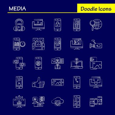 Medya el çekilmiş Icon Web, baskı ve mobil Ux/UI için Kit. Gibi: Mobil, cep, dünya, Internet, mobil, cep, telefon, Mail, piktogram paketi. -Vektör
