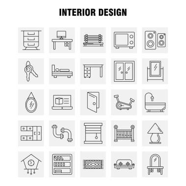 İç tasarım hat simgelerini belirlemek için Infographics, mobil Ux/UI Kit ve baskı tasarımı. Şunları içerir: Halı, mobilya, ev, pencere, ev, ev, kapı, giriş, Eps 10 - vektör