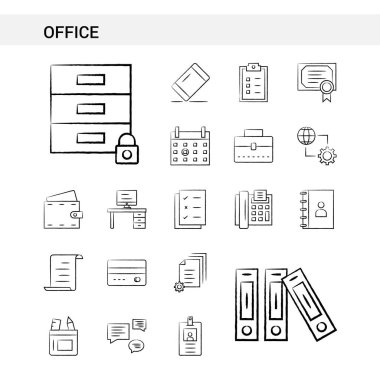 Office el beyaz arka plan üzerinde izole simge kümesi stil çekilmiş. -Vektör