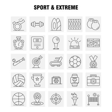 Spor ve ekstrem satır simgeleri ayarlamak için Infographics, mobil Ux/UI Kit ve baskı tasarımı. Şunları içerir: Kupası, ödül, Star, hakem, spor, ıslık, güneş, güneş ışığı, Icon Set - vektör