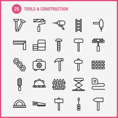 Araçları ve inşaat satır Icon Pack için tasarımcılar ve geliştiriciler. Kutusu, Case, dişli, inşaat, inşaat, ölçü birimi, teyp, teyp vektör simgeleri
