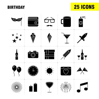 Web, baskı ve mobil Ux/UI için doğum günü katı glif simge seti. Gibi: Takvim, gün, Tarih, aşk, cam, içki, şarap, buğday, piktogram paketi. -Vektör