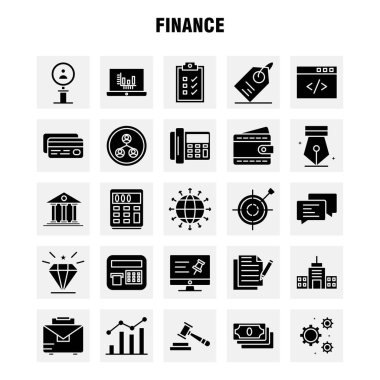 Finans sağlam glif Icons Set Infographics, mobil Ux/UI için Kit ve baskı tasarımı. Şunları içerir: Bilgisayar, Pin, metin, finans, arama, araştırma, finans, adam, Icon Set - vektör