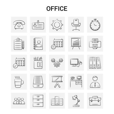 25 el çizilmiş Office simge seti. Gri arka plan vektör Doodle