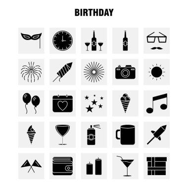 Web, baskı ve mobil Ux/UI için doğum günü katı glif simge seti. Gibi: Takvim, gün, Tarih, aşk, cam, içki, şarap, buğday, piktogram paketi. -Vektör