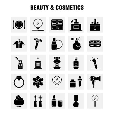 Güzellik ve kozmetik katı glif simgeleri ayarlamak için Infographics, mobil Ux/UI Kit ve baskı tasarımı. Şunları içerir: Yüz, Vakfı, sıvı, makyaj, güzellik, fırça, makyaj, güzellik, Icon Set - vektör